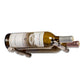 Two-bottle wine pin holder in golden bronze finish, holding a clear wine bottle on cradle