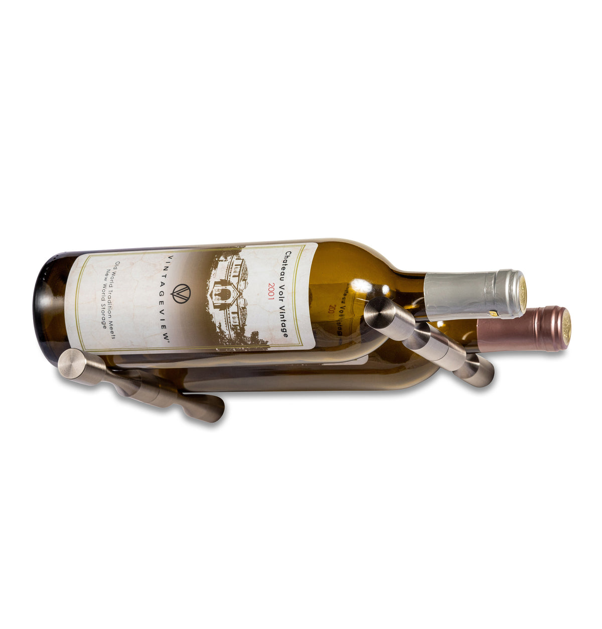 Two-bottle wine pin holder in golden bronze finish, holding a clear wine bottle on cradle