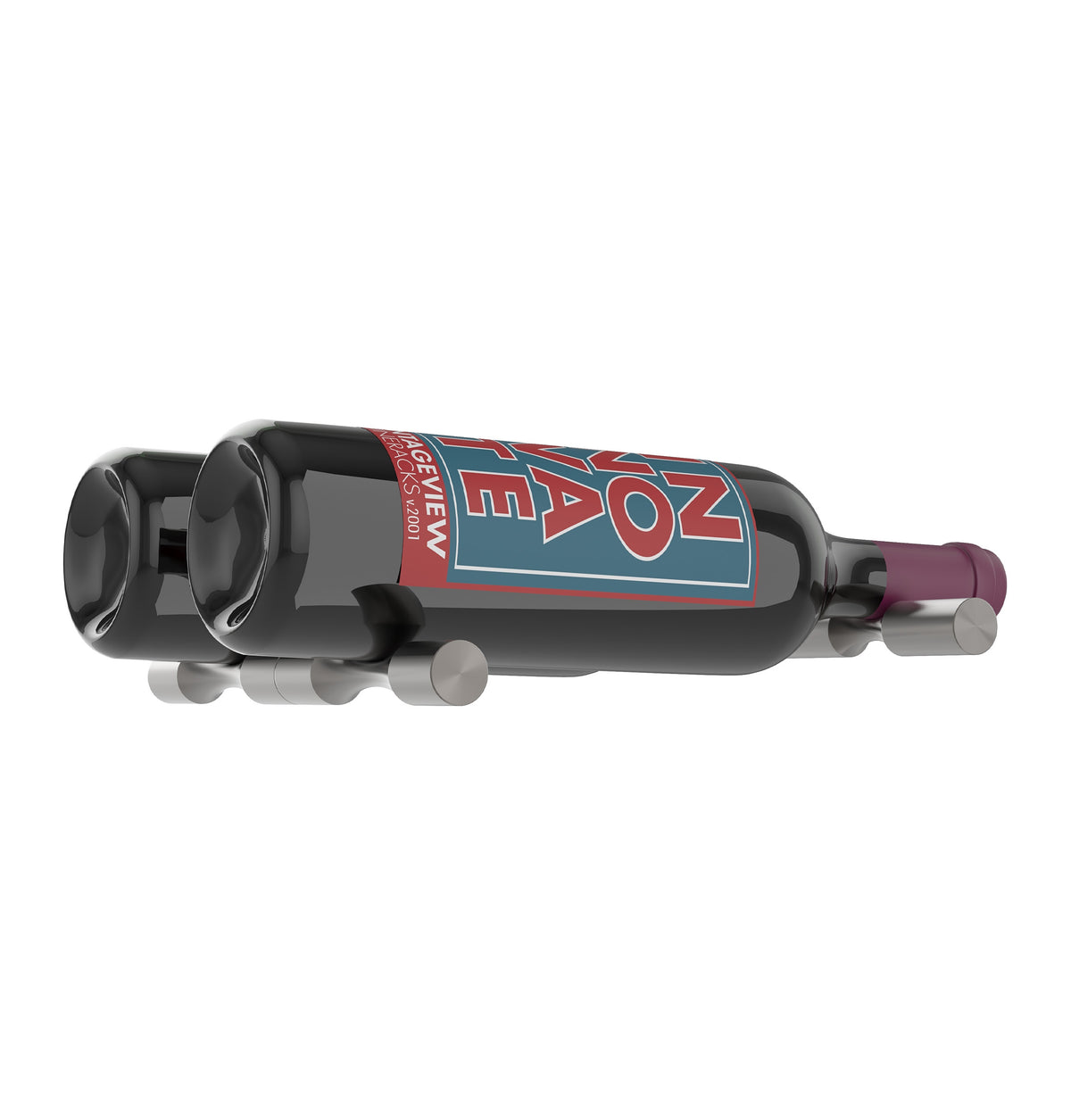 Two-bottle wine pin holder in matte black finish, holding a dark bottle between prongs