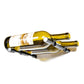Two-bottle wine pin holder in golden bronze finish, holding an amber bottle on curved cradle