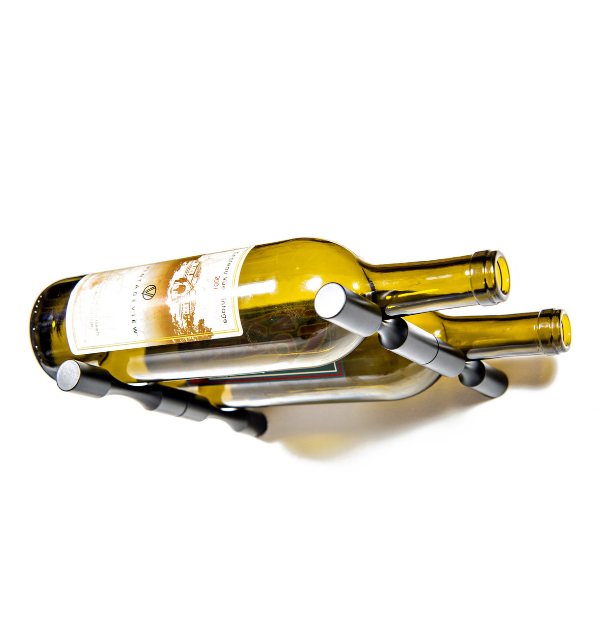 Two-bottle wine pin holder in golden bronze finish, holding an amber bottle on curved cradle