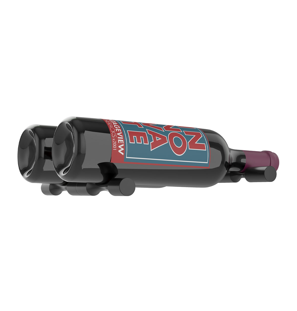 Two-bottle wine pin holder in matte black finish, holding a dark bottle with neck prongs