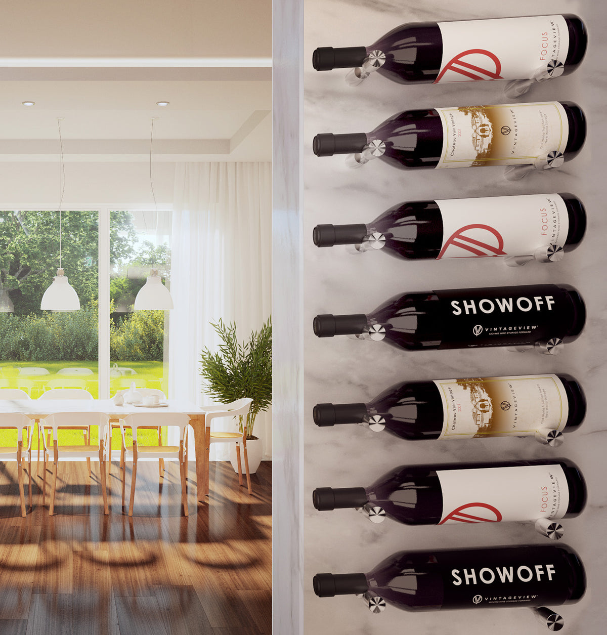 Wall-mounted wine bottle display with multiple bottles in holders