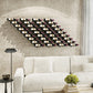 Wall-mounted wine bottle pin rack with black holders, many bottles in rows
