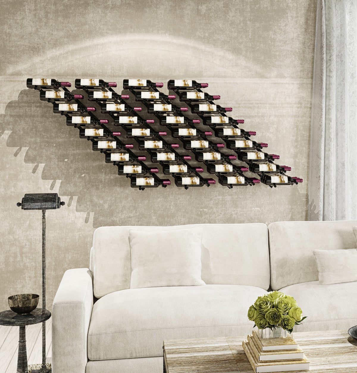 Wall-mounted wine bottle pin rack with black holders, many bottles in rows
