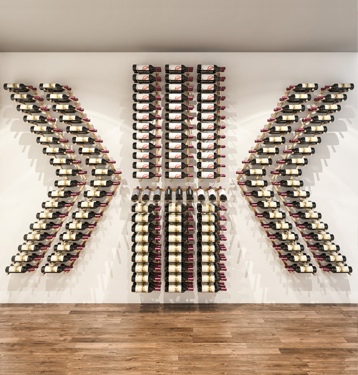 Wine bottle pin rack system with black holders, bottles displayed in wall rows