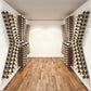 Wine bottle pin rack system with black bottle holders, racks flanking walkway