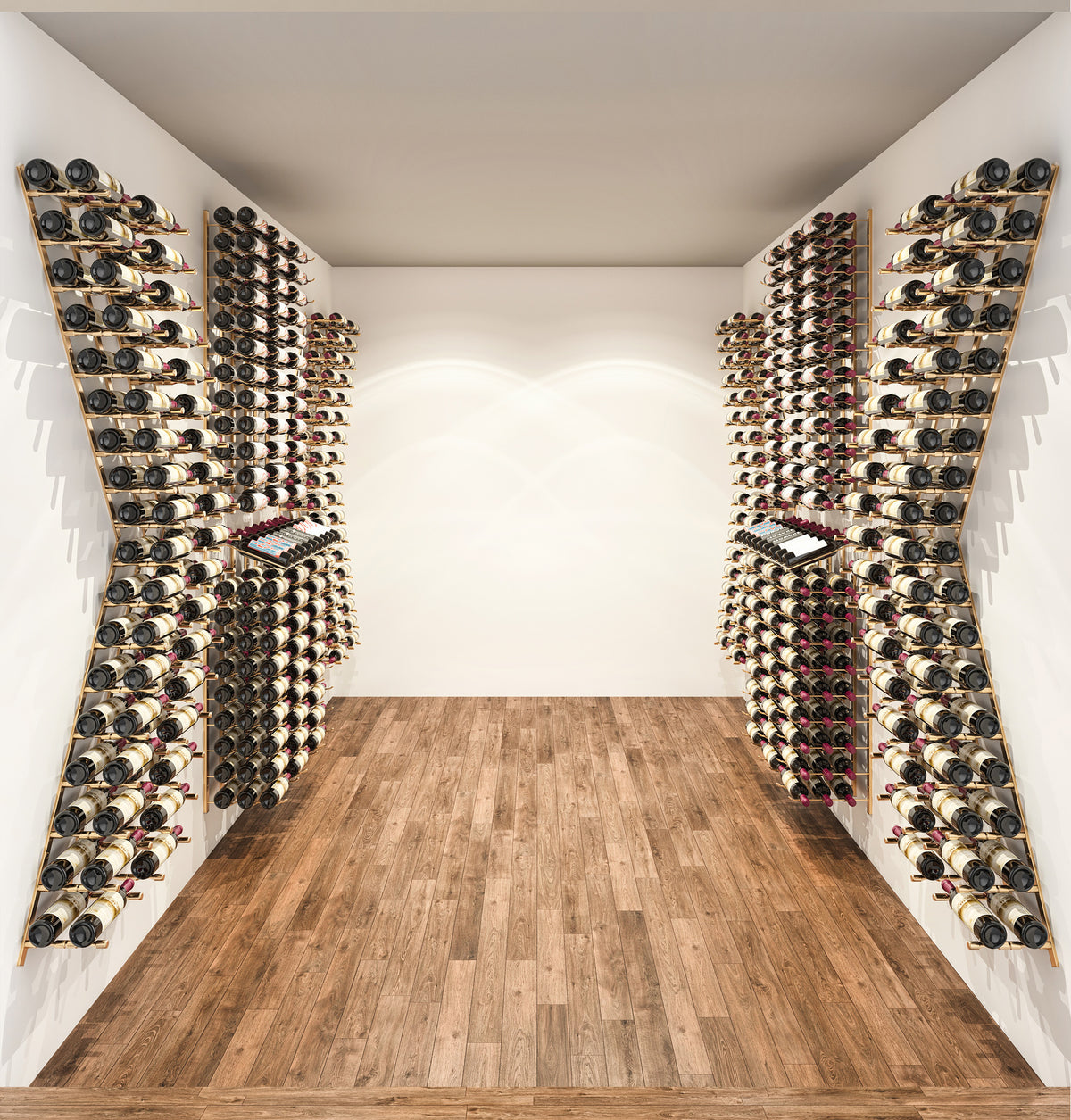 Wine bottle pin rack system with black bottle holders, racks flanking walkway
