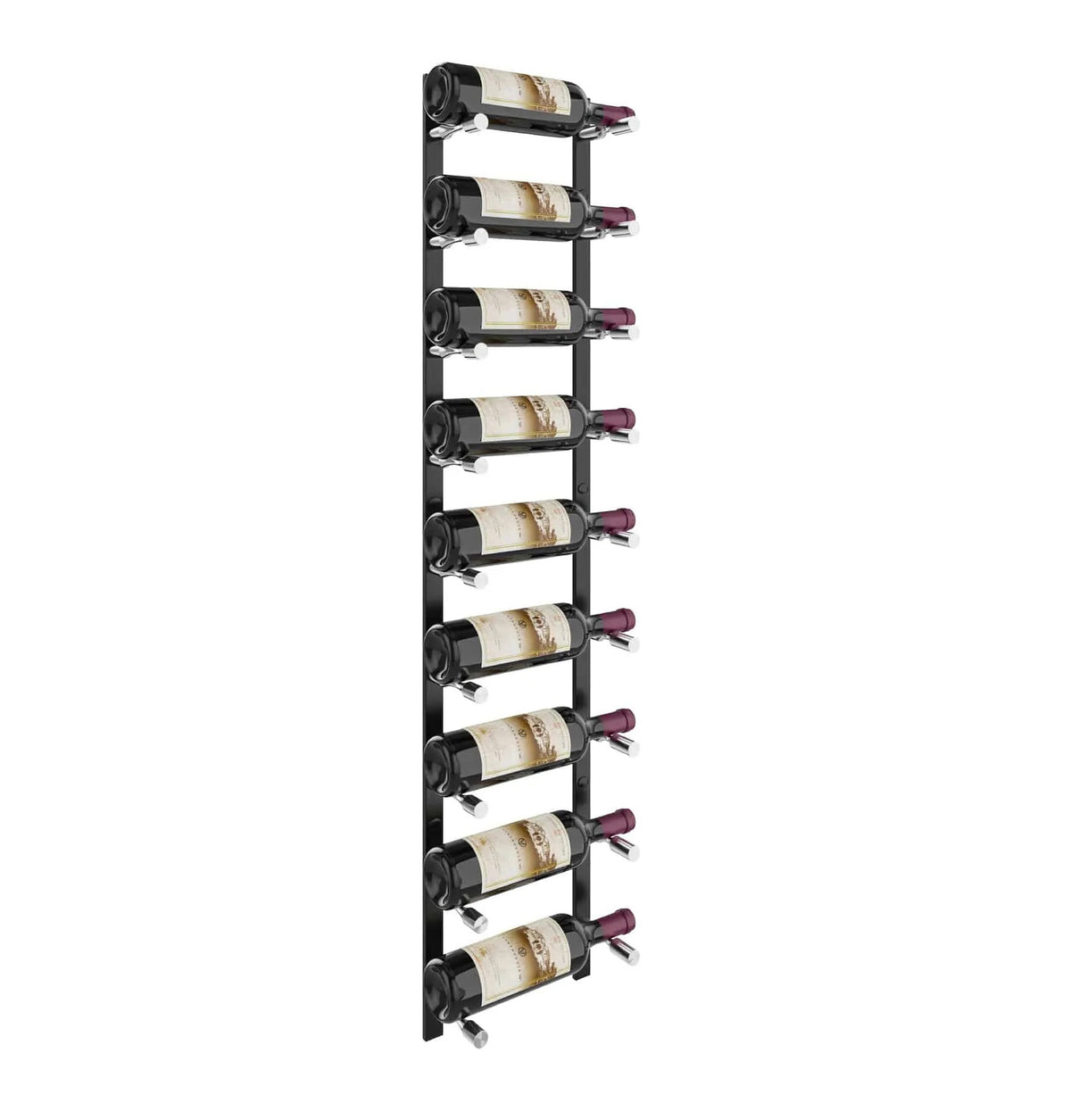 Wine bottle rack with matte black rails holding multiple bottles on angled slots