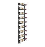 Wine bottle rack with matte black rails holding multiple bottles on angled slots