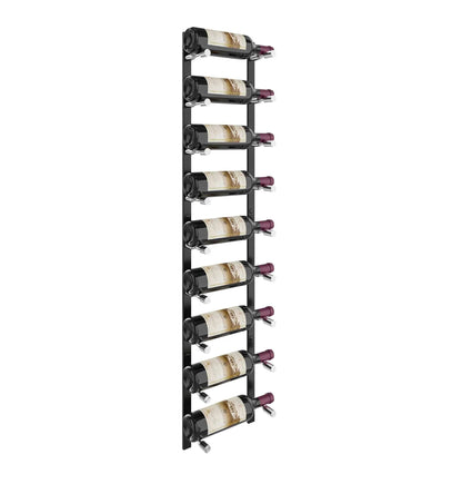 Wine bottle rack with matte black rails holding multiple bottles on angled slots