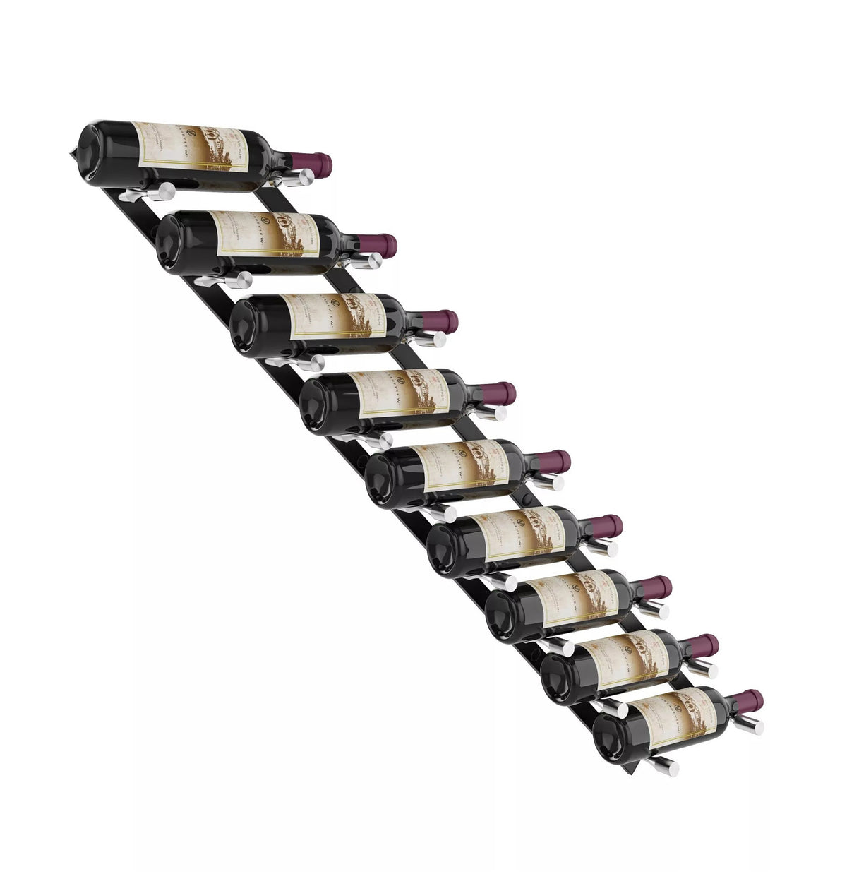Wine bottle rack with matte black rails holding bottles in a side-by-side row