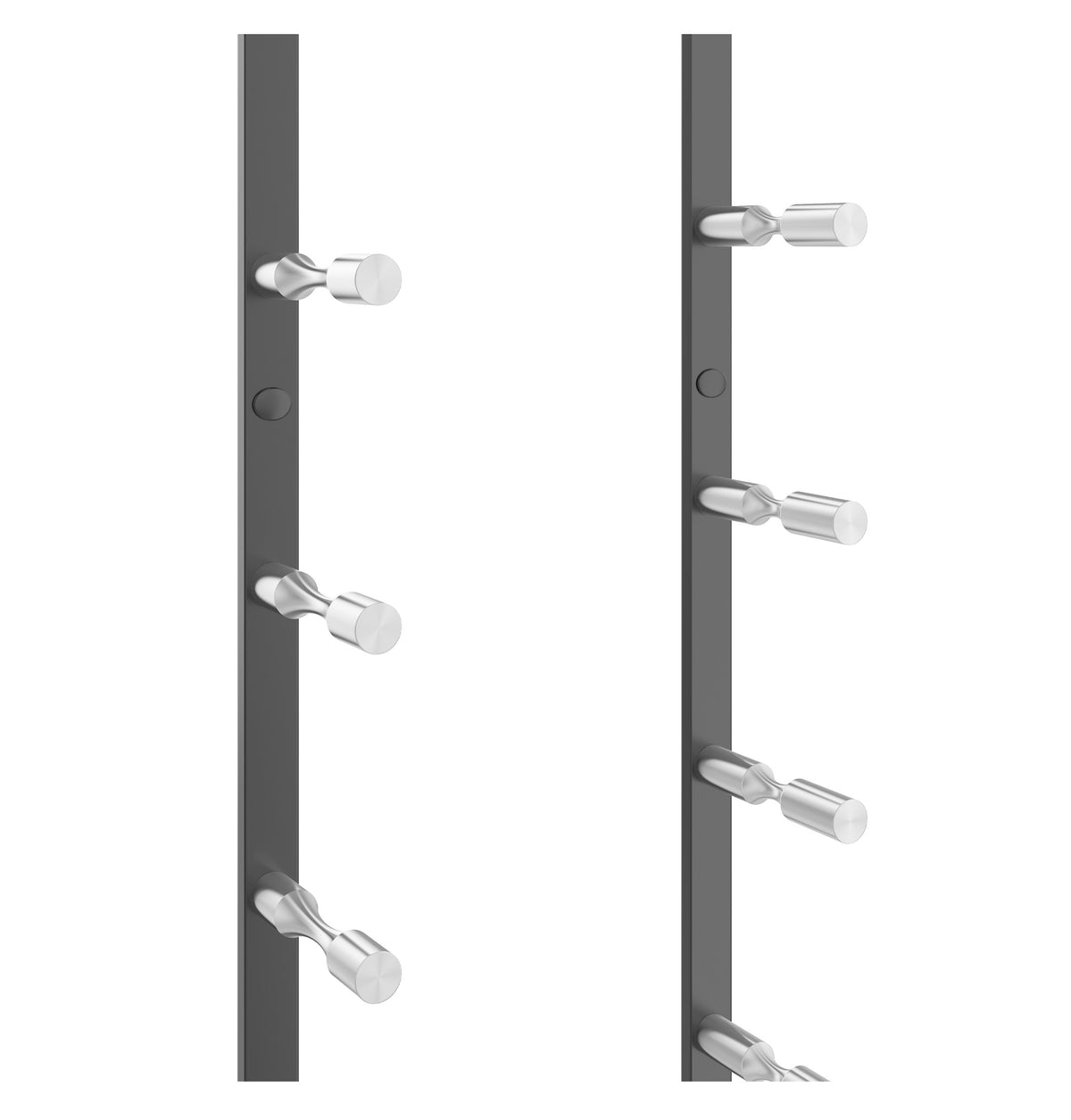 Wine bottle rack rail with light gray pegs for holding wine bottles, side view