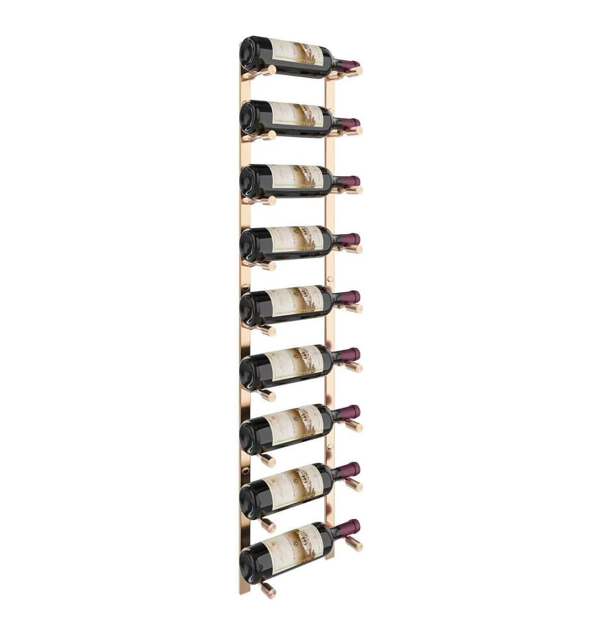 Wine bottle rack with golden bronze rails holding multiple wine bottles