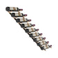 Wine bottle rack with matte black rails holding wine bottles in a diagonal lineup