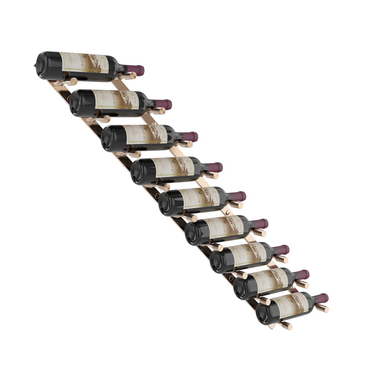 Wine bottle rack with matte black rails holding wine bottles in a diagonal lineup