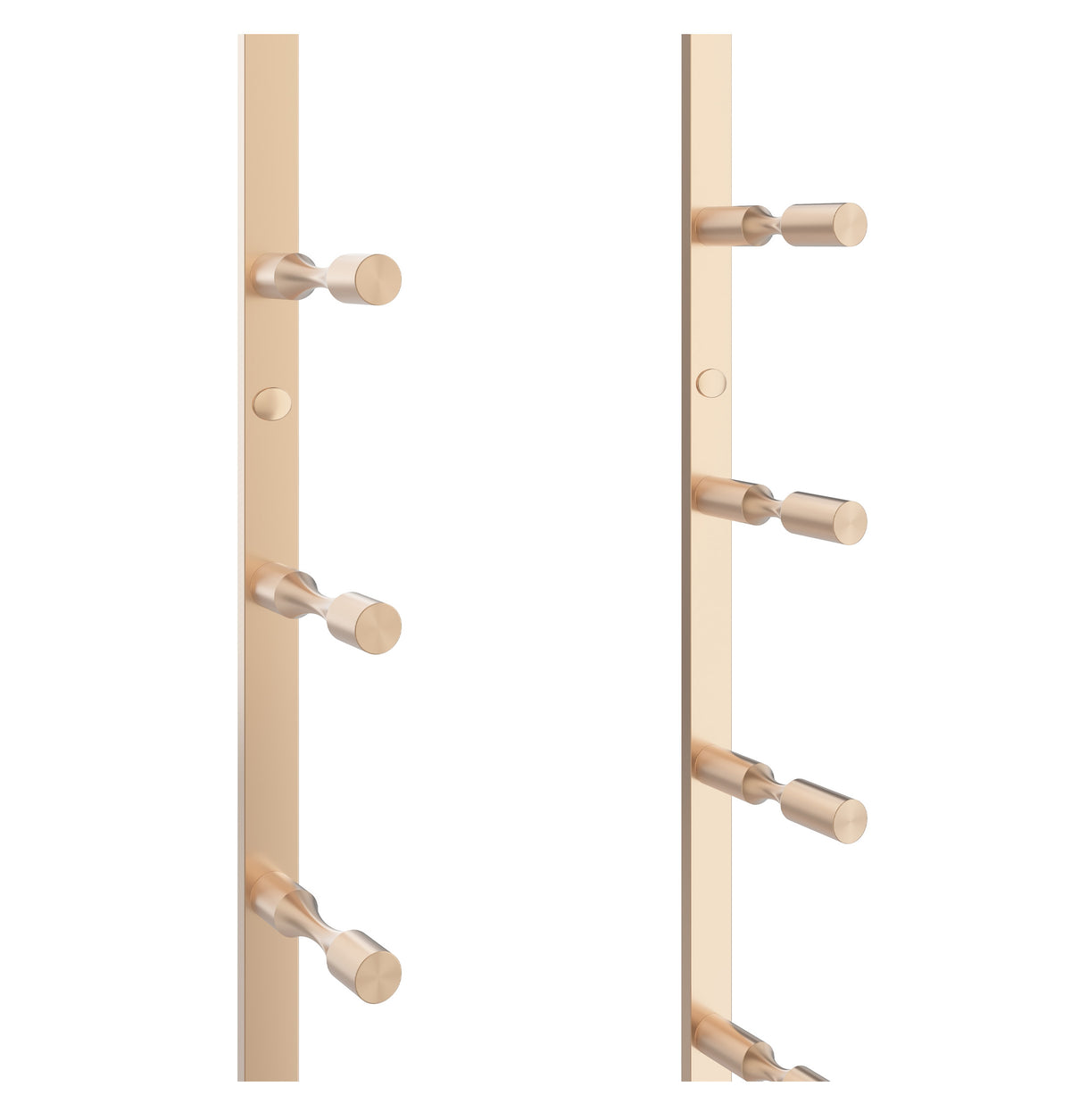 Wine bottle rack rail with golden bronze pegs for holding wine bottles, side view