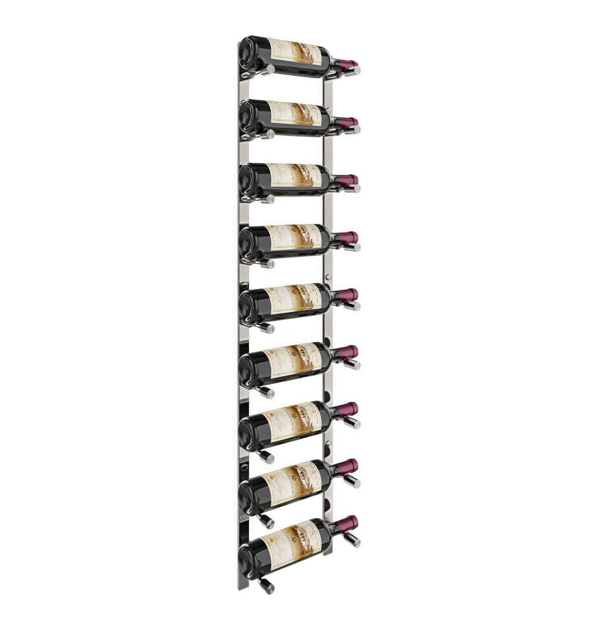 Wine bottle rack with matte black rails holding multiple wine bottles