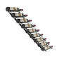 Wine bottle rack with matte black rails holding wine bottles on angled compartments