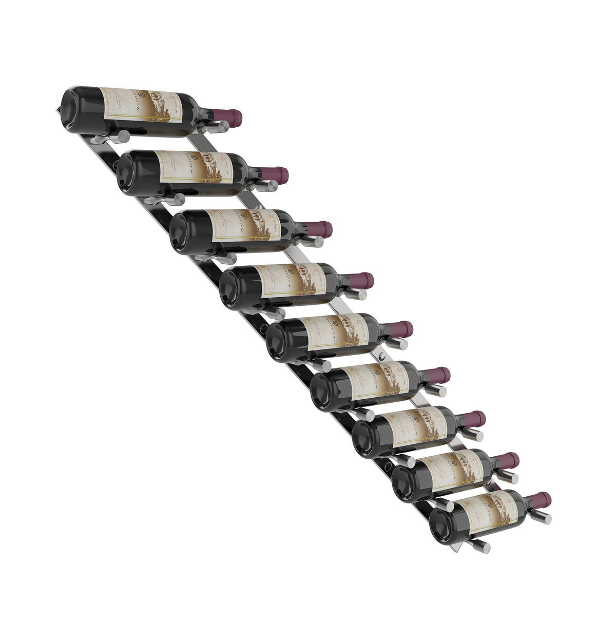 Wine bottle rack with matte black rails holding wine bottles on angled compartments