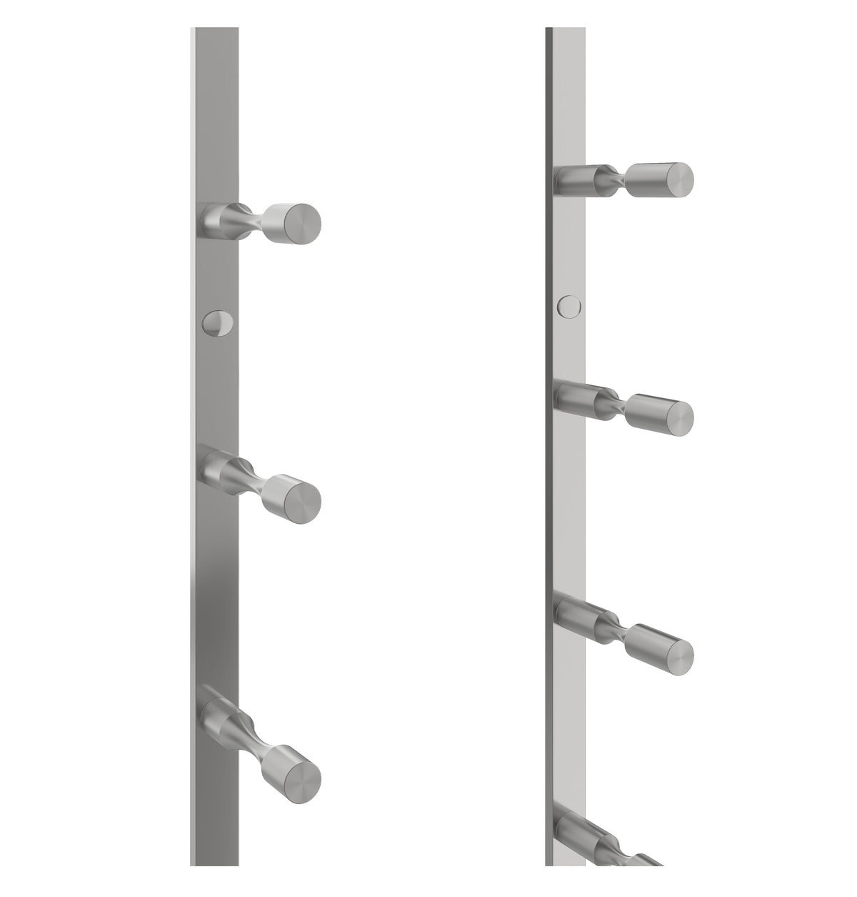 Wine bottle rack rail with gunmetal-gray pegs for holding wine bottles, side view