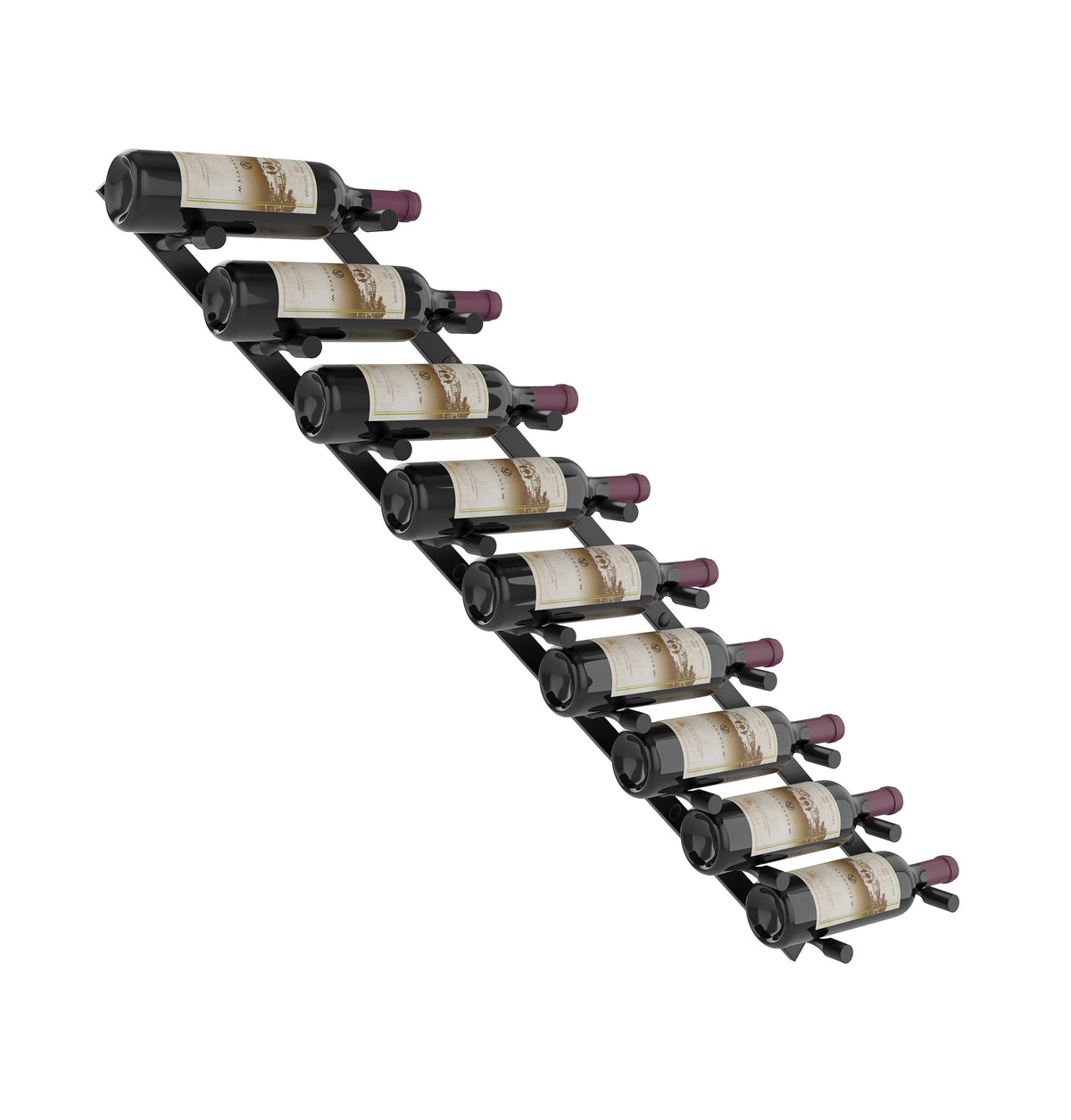 Wine bottle pin rack with black rails and angled bottle slots