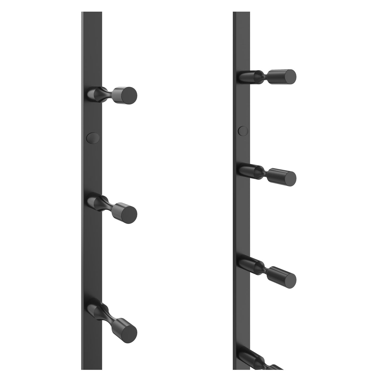 Wine bottle pin rack side rails with black bottle pin pegs
