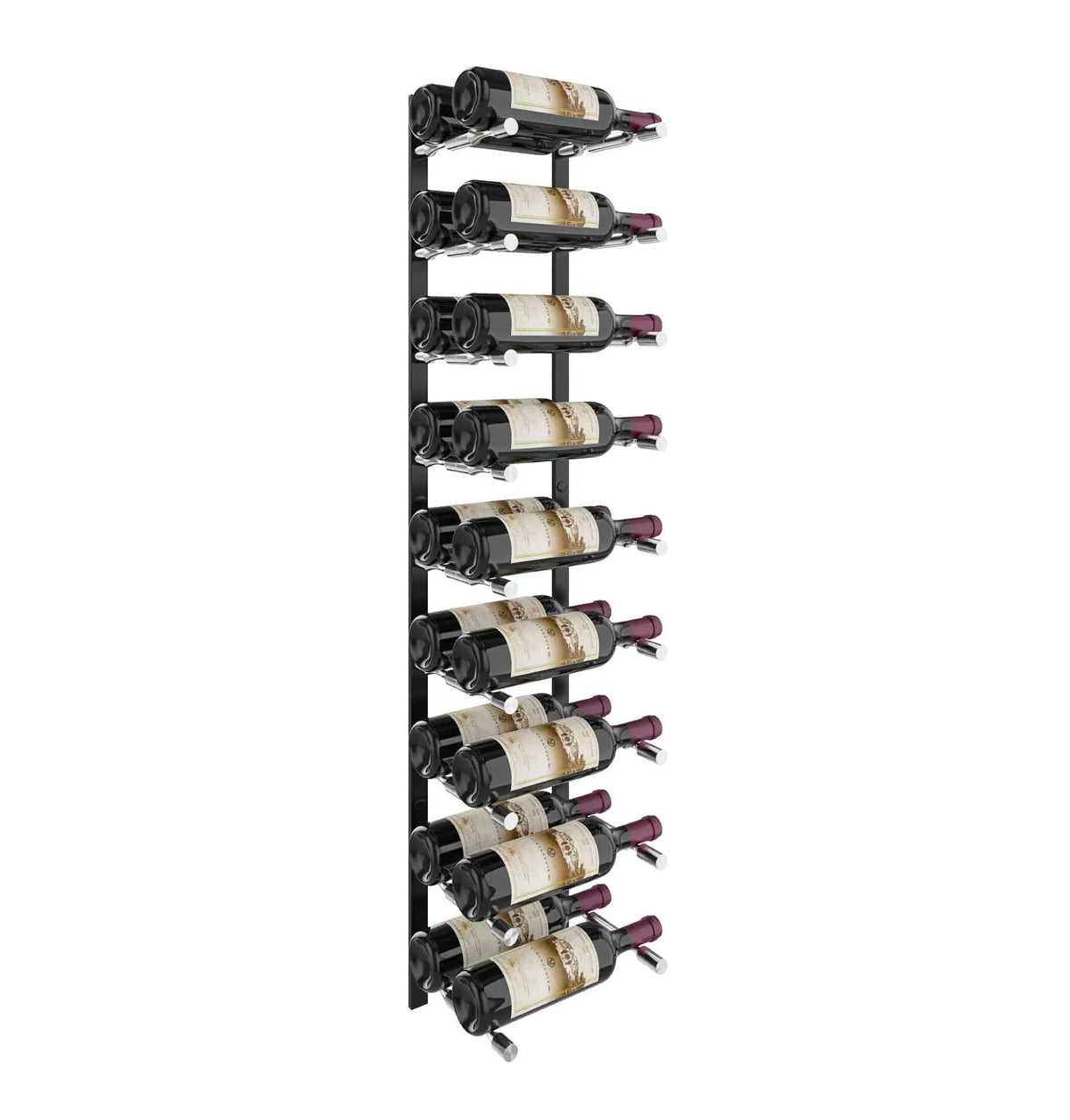 Wine bottle pin rack with black rails holding multiple wine bottles