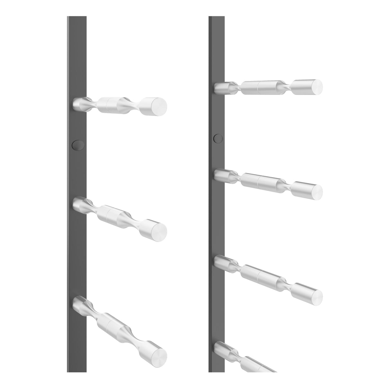 Wine bottle pin rack rails with white bottle pin pegs