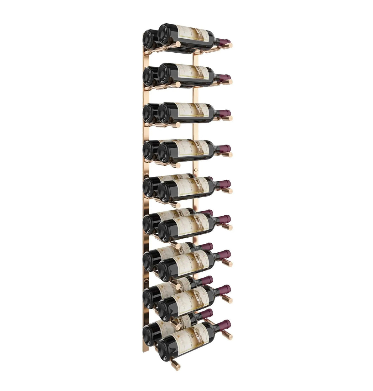 Wine bottle pin rack with bronze rails and bottle pin pegs