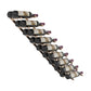 Wine bottle pin rack with black rails and angled row of bottles