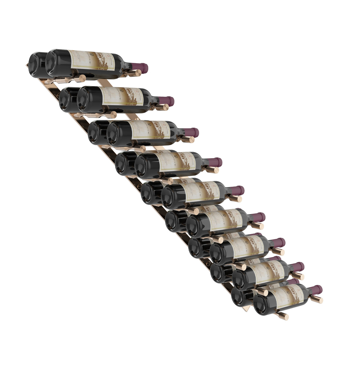 Wine bottle pin rack with black rails and angled row of bottles