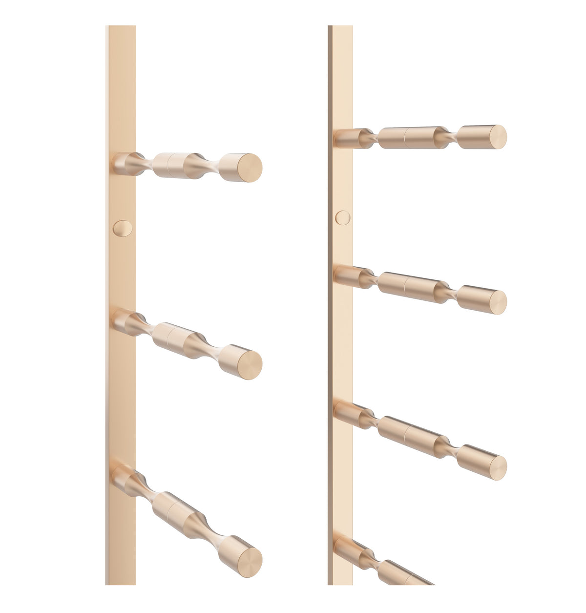 Wine bottle pin rack with bronze rails and bottle pin pegs