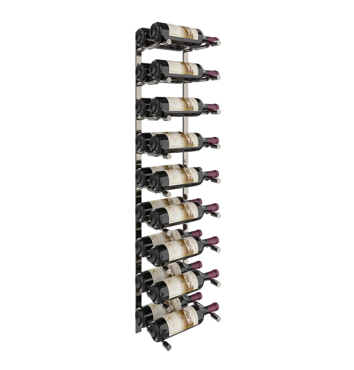 Wine bottle pin rack with black rails holding multiple bottles