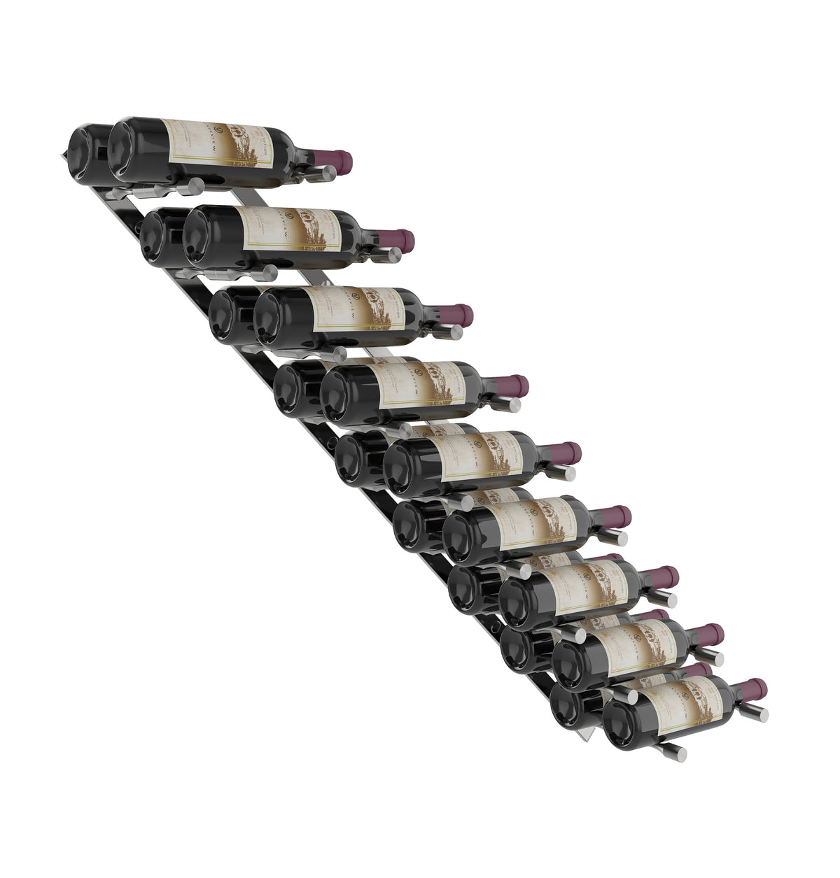 Wine bottle rack with matte black rails, holding 9 bottles in angled slots