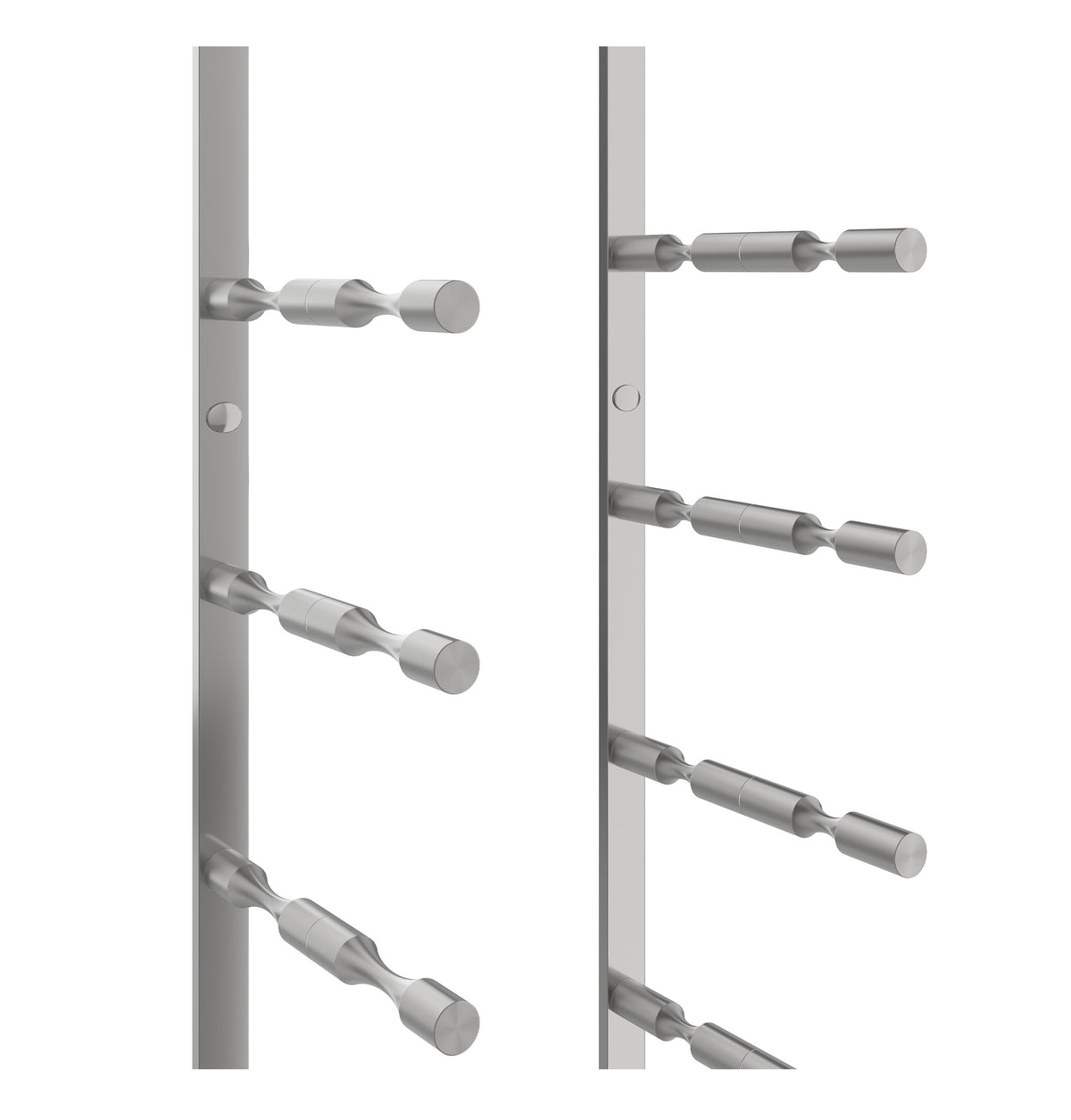 Gunmetal wine bottle rack with cylindrical bottle holders, side view (no bottles)