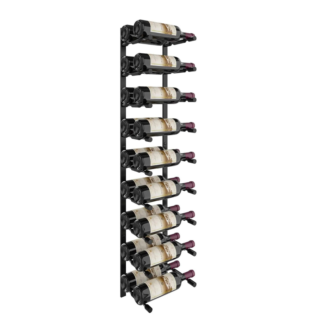 Wine bottle rack with matte black rails, displaying bottles in vertical holder rows