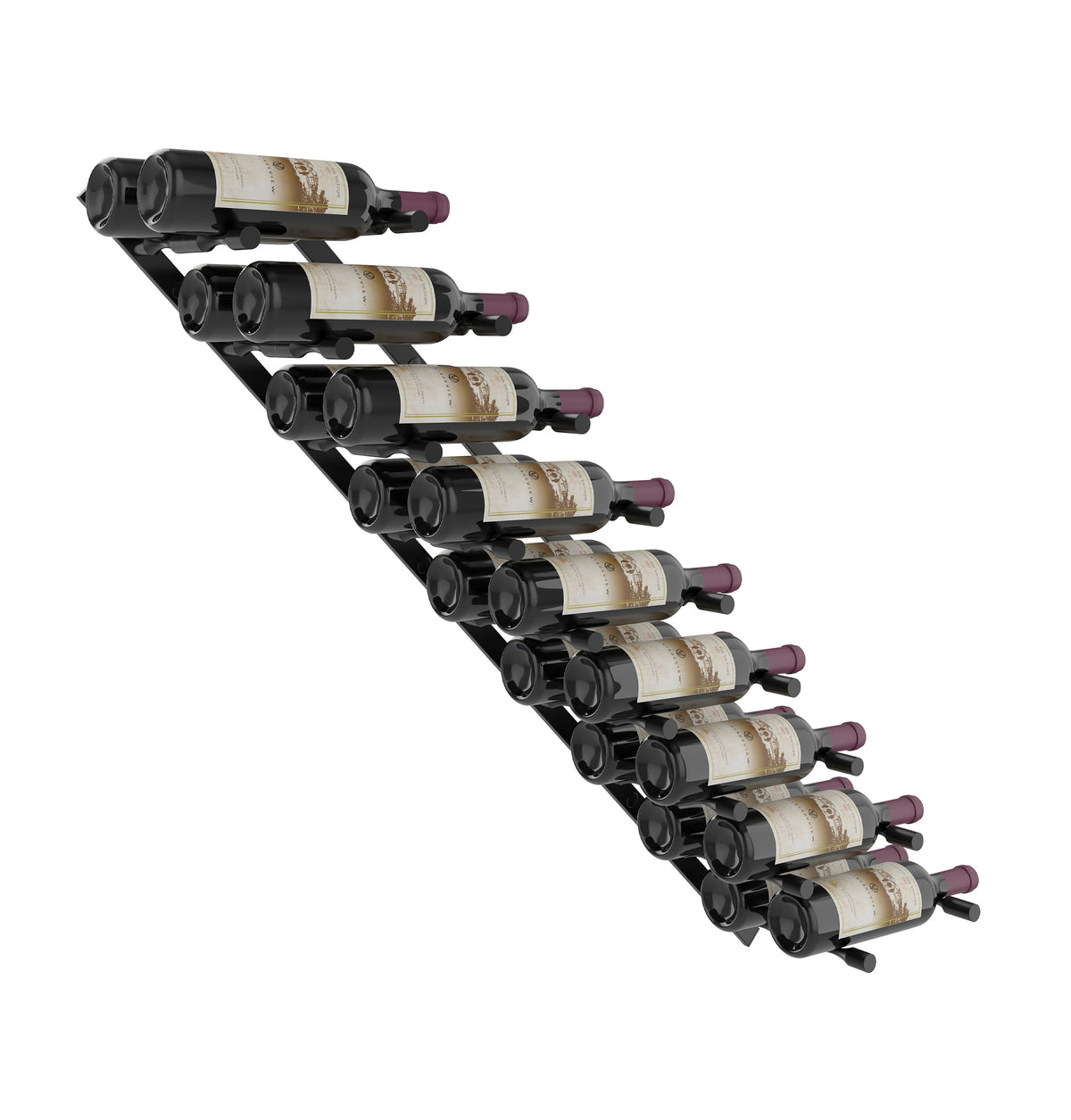 Wine bottle rack with matte black rails, holding 9 wine bottles in a diagonal row