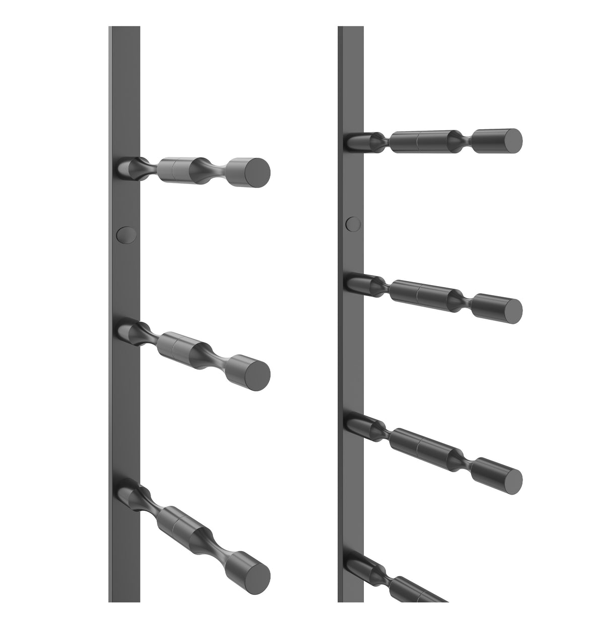 Gunmetal wine bottle rack with cylindrical holders, close side view