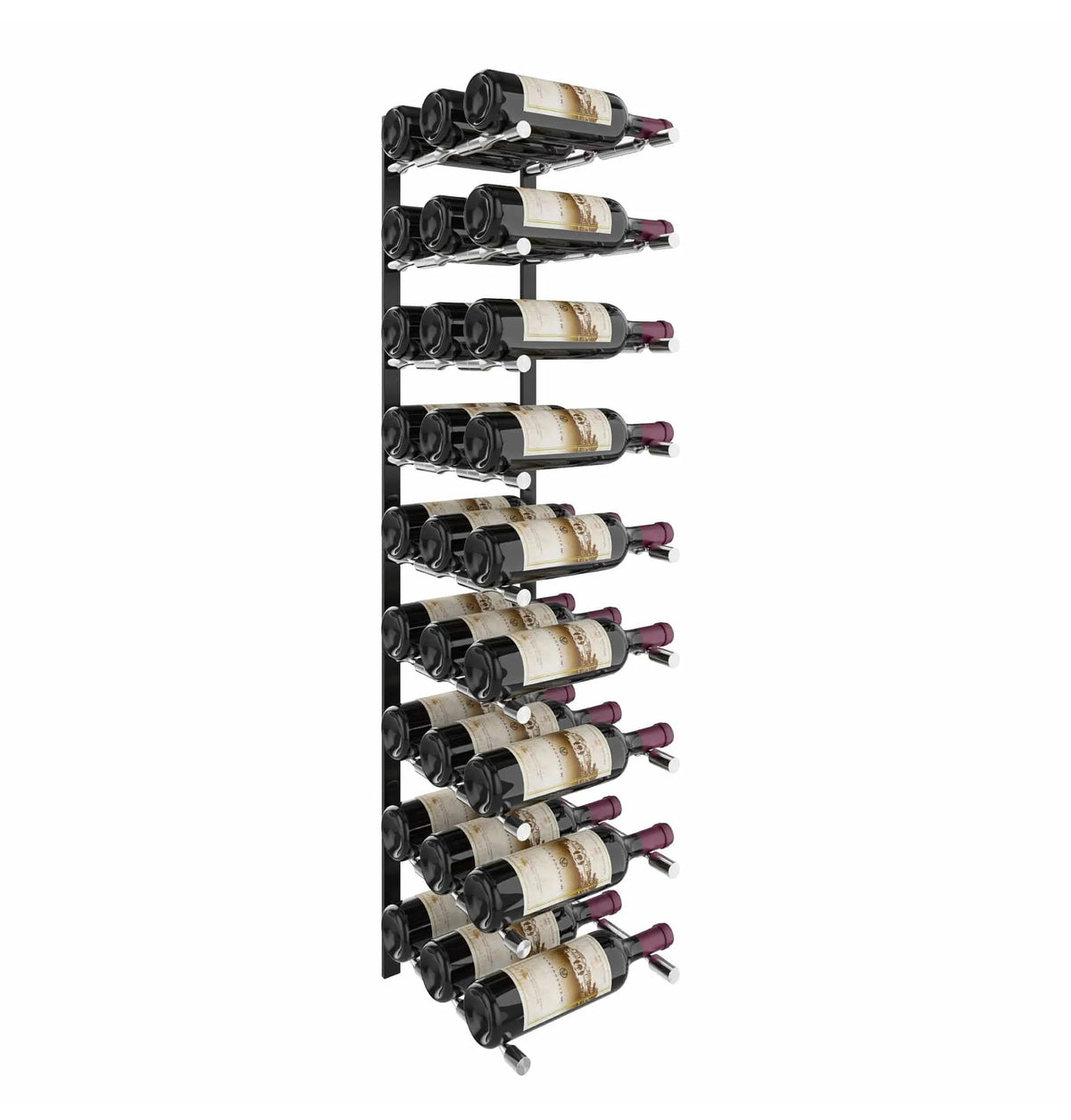 Wine bottle rack with golden bronze rails, holding multiple bottles in vertical rows