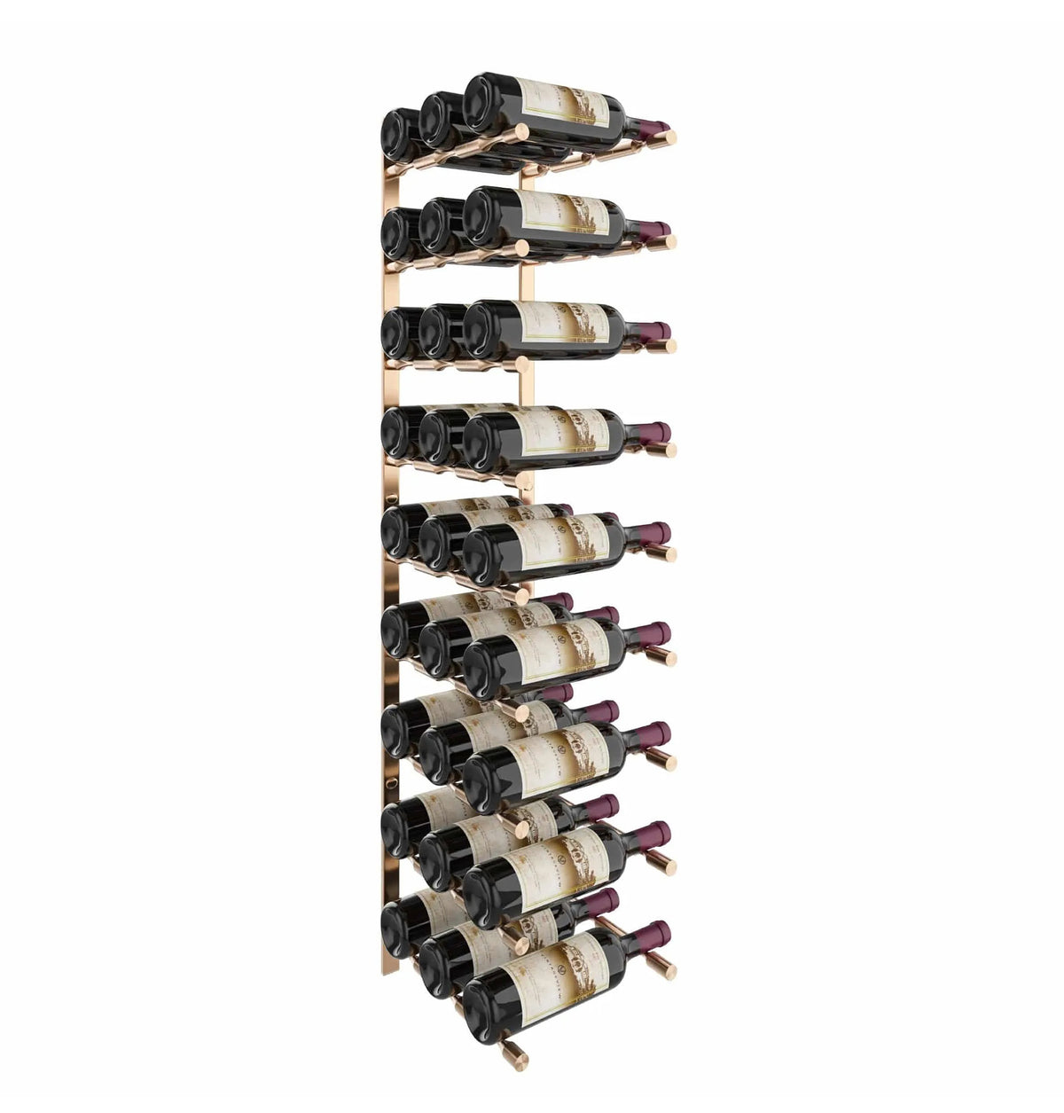Wine bottle rack with golden bronze rails, holding multiple bottles in vertical rows