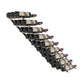 Wine bottle rack with matte black rails, holding 9 bottles in angled slots