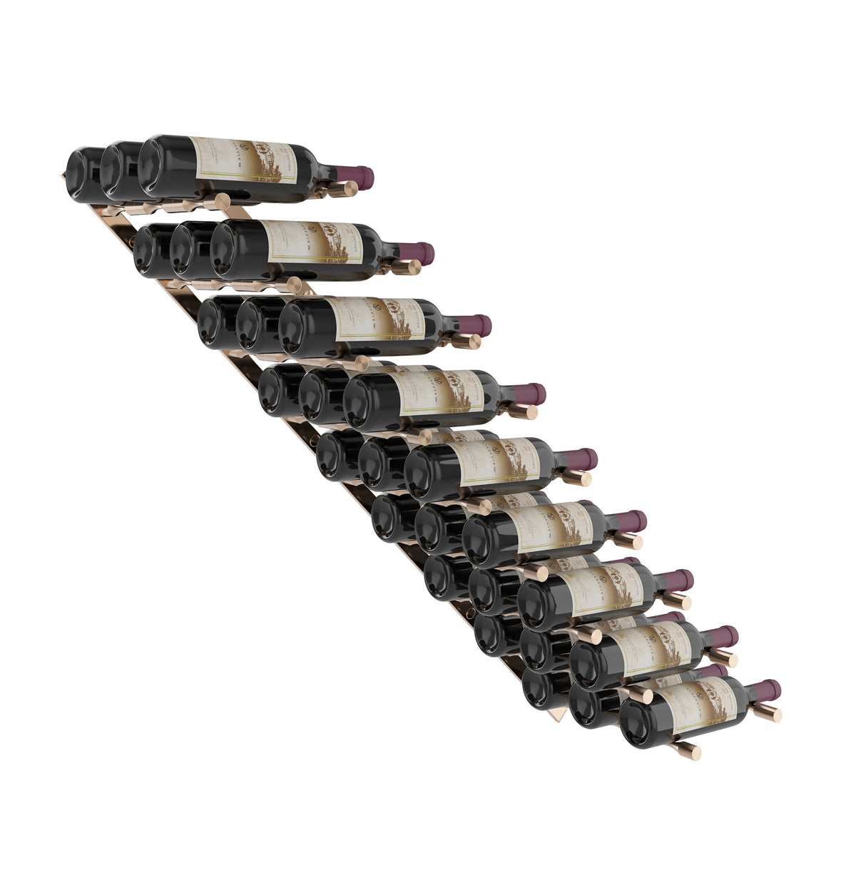 Wine bottle rack with matte black rails, holding 9 bottles in angled slots