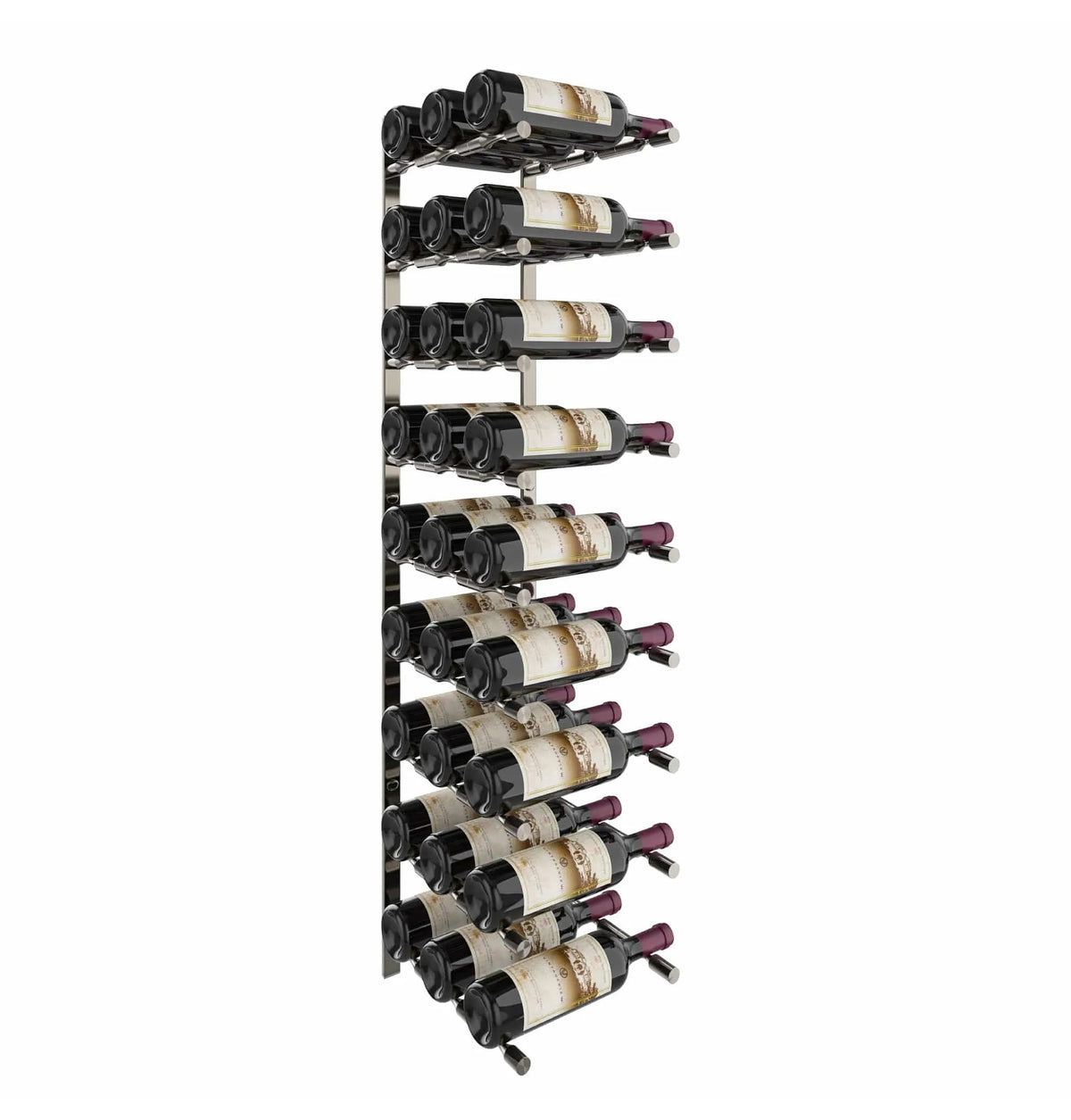 Wine bottle pin flex rack with matte black holders, holding multiple bottles