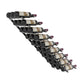 Wine bottle pin flex rack with matte black holders, angled view of stacked bottles