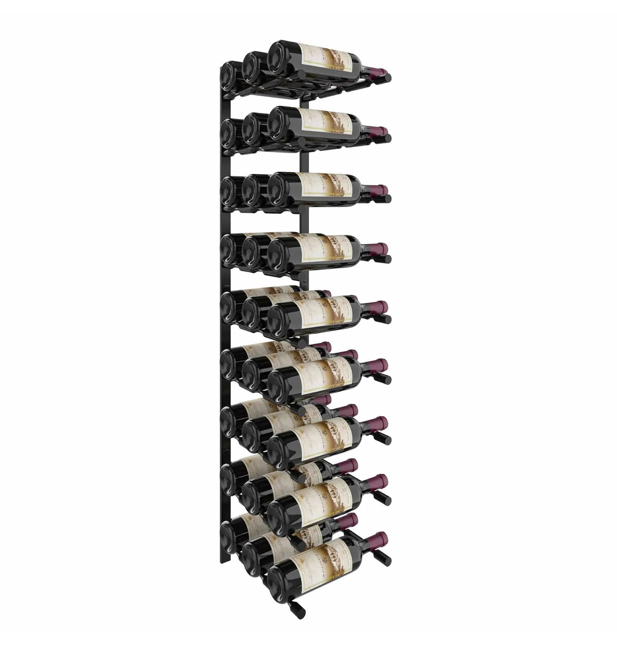 Wine bottle pin flex rack with matte black rails, bottles arranged in rows