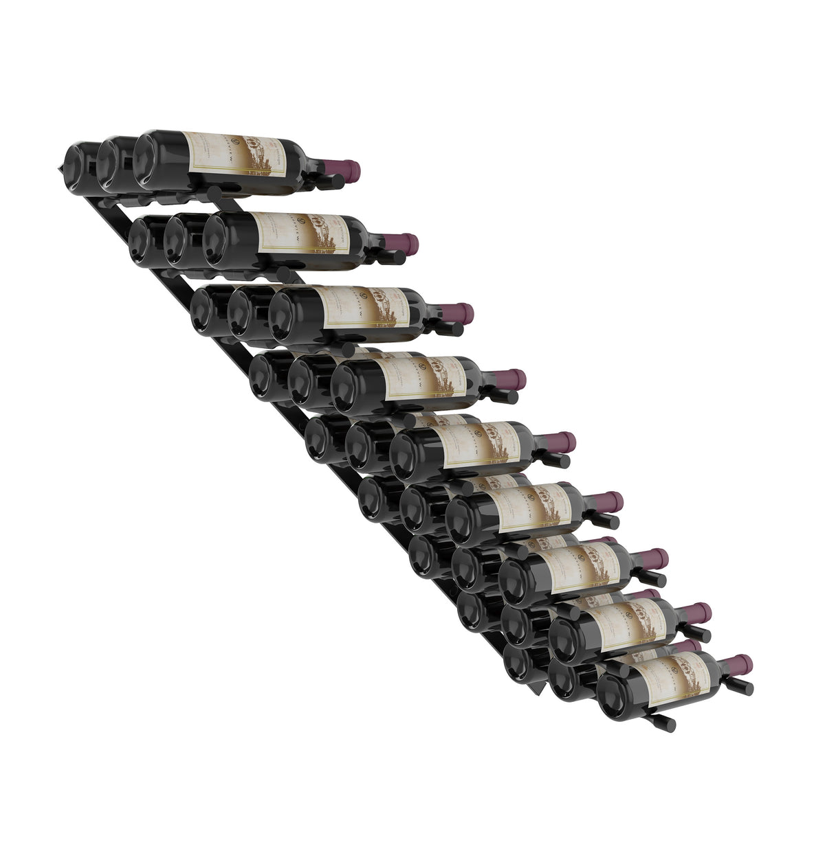 Wine bottle pin flex rack with matte black holders, side view with bottles