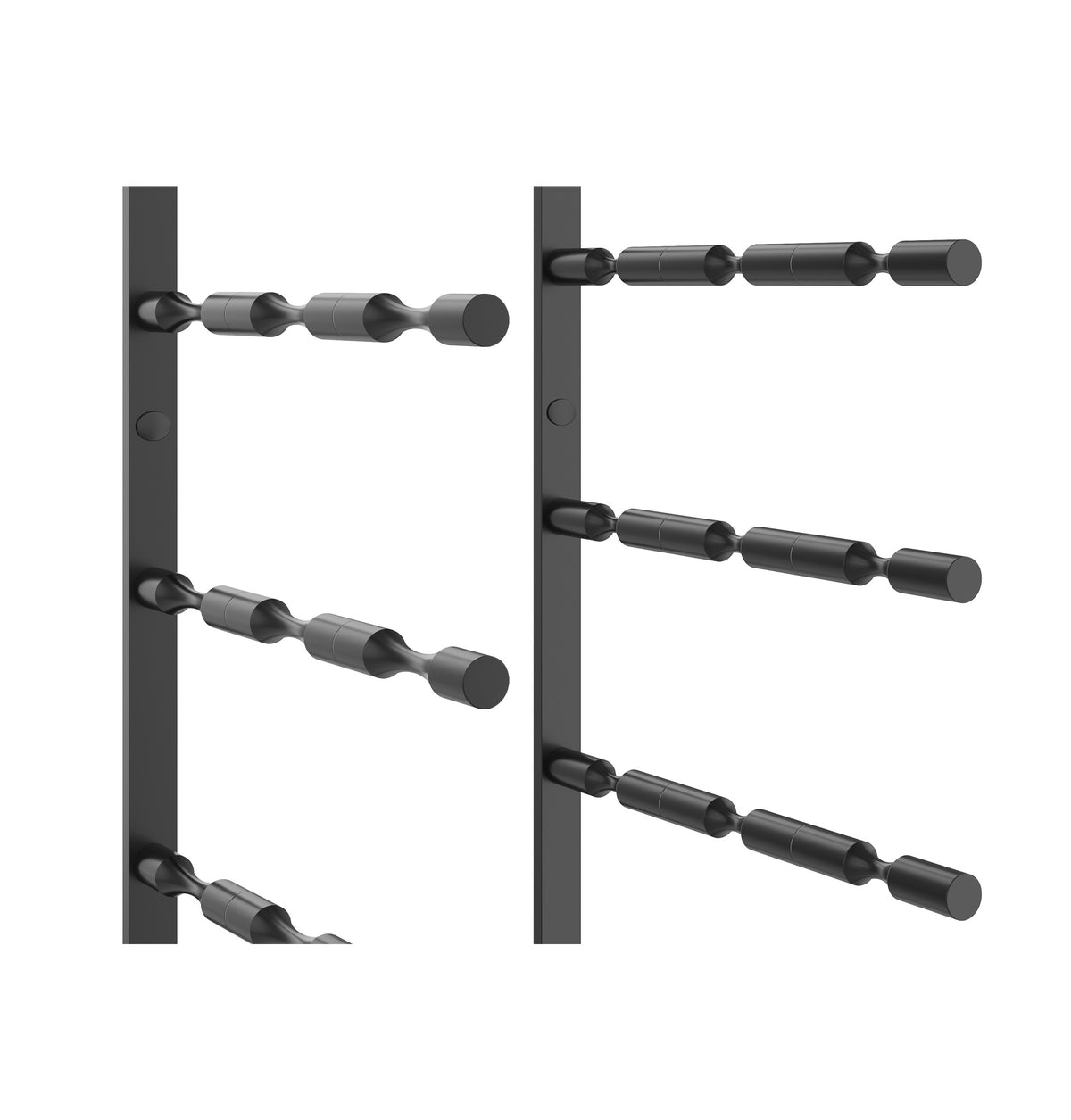 Wine bottle pin flex rack frame with dark pins on two horizontal rails