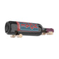 Wine bottle display pin, matte black finish holding a dark wine bottle