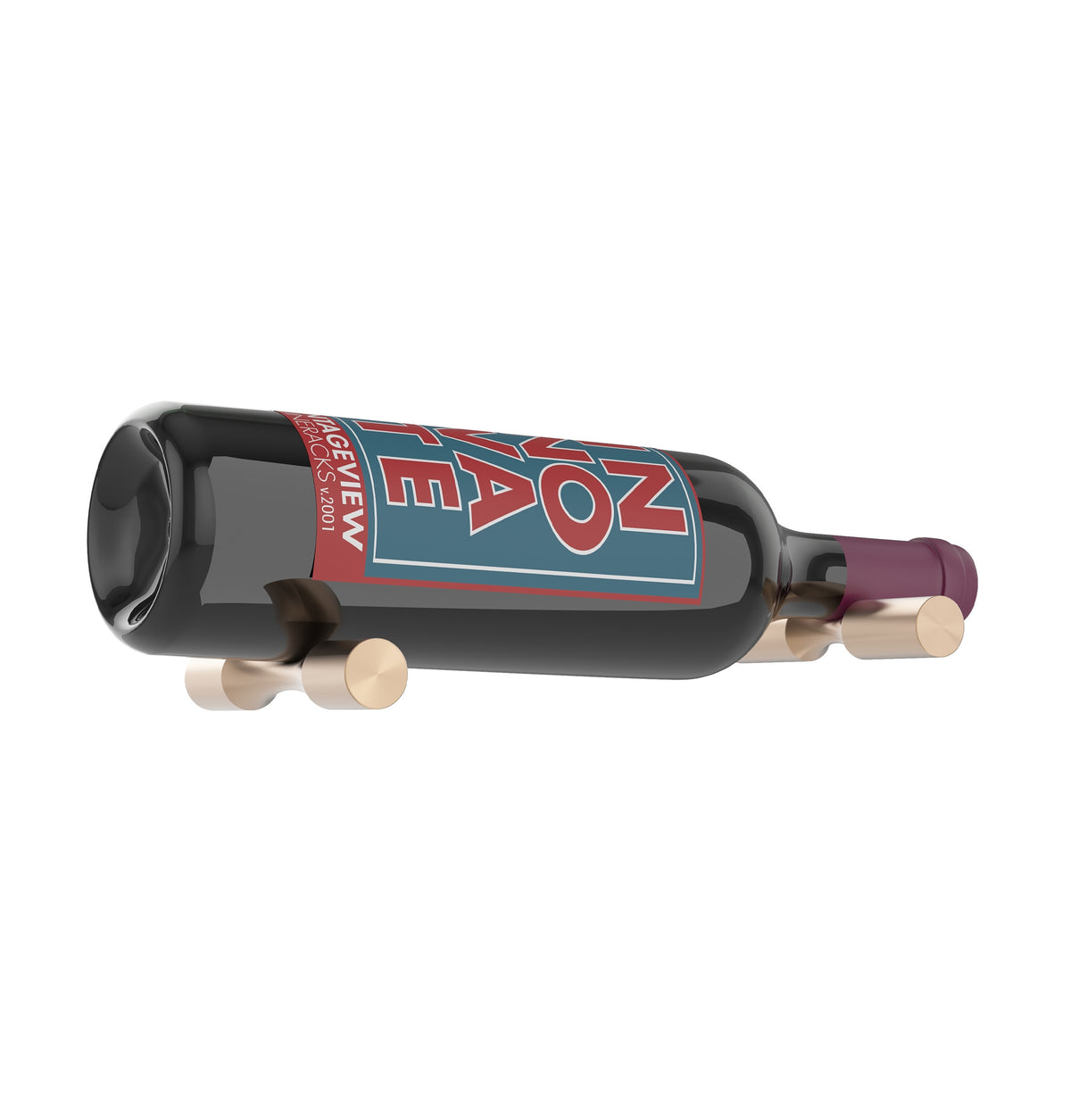 Wine bottle display pin, matte black finish holding a dark wine bottle